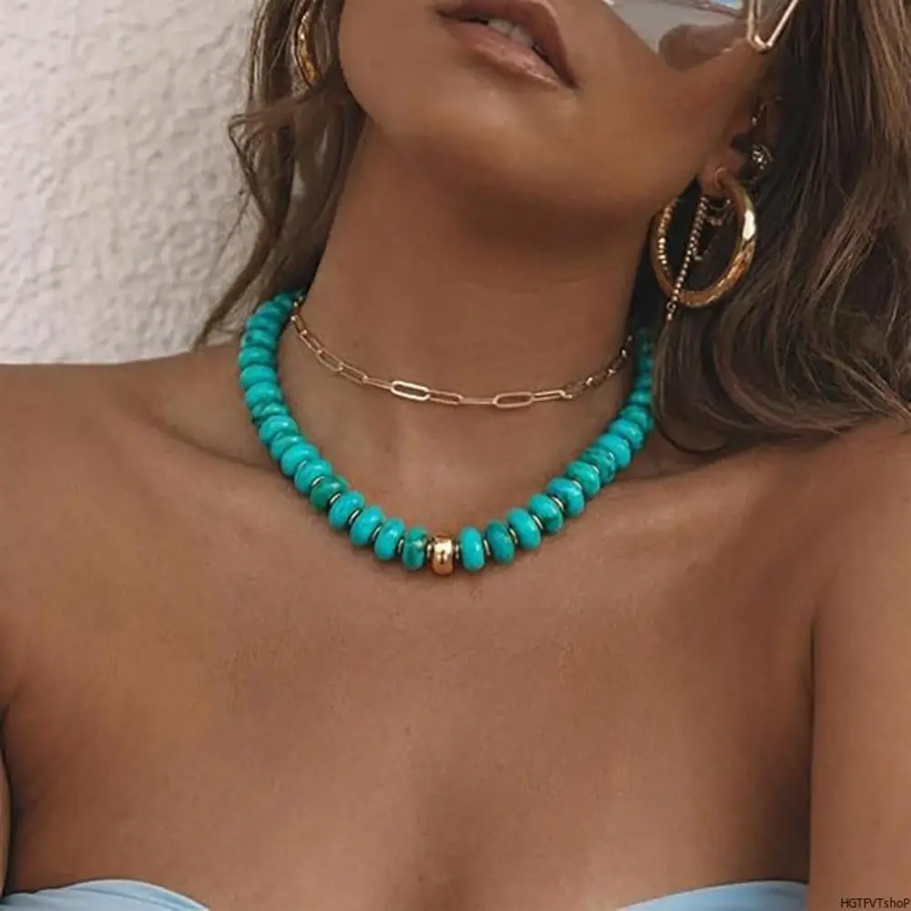 Female Boho Dopamine Beaded Choker Necklace Charm - 6 Chains, Smooth Flat Round Stone Beads in Rainbow Turquoise Cream White Mustard Shades, Stackable Gold Starfish Shell Pendant, Lightweight Beach Casual Birthday Jewelry