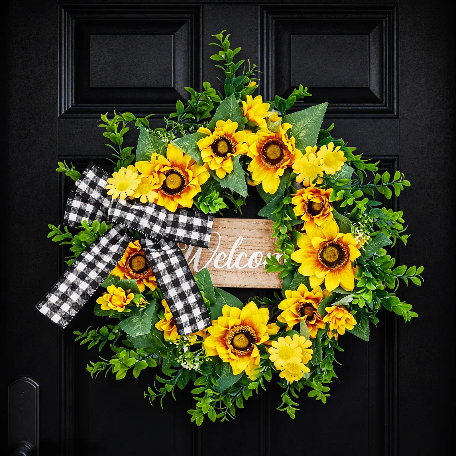 20-in Round Yellow Golden Flower Wreath, Spring Summer Farmhouse Decor with Bow - Welcome Sign Gift for Front Door, Porch, Indoor-Outdoor Use