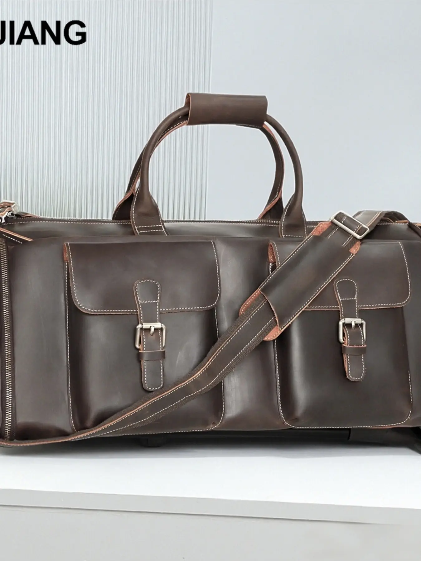 Genuine leather large-capacity travel bag, business trip multifunctional luggage bag, commuter handbag with trolley suitcase