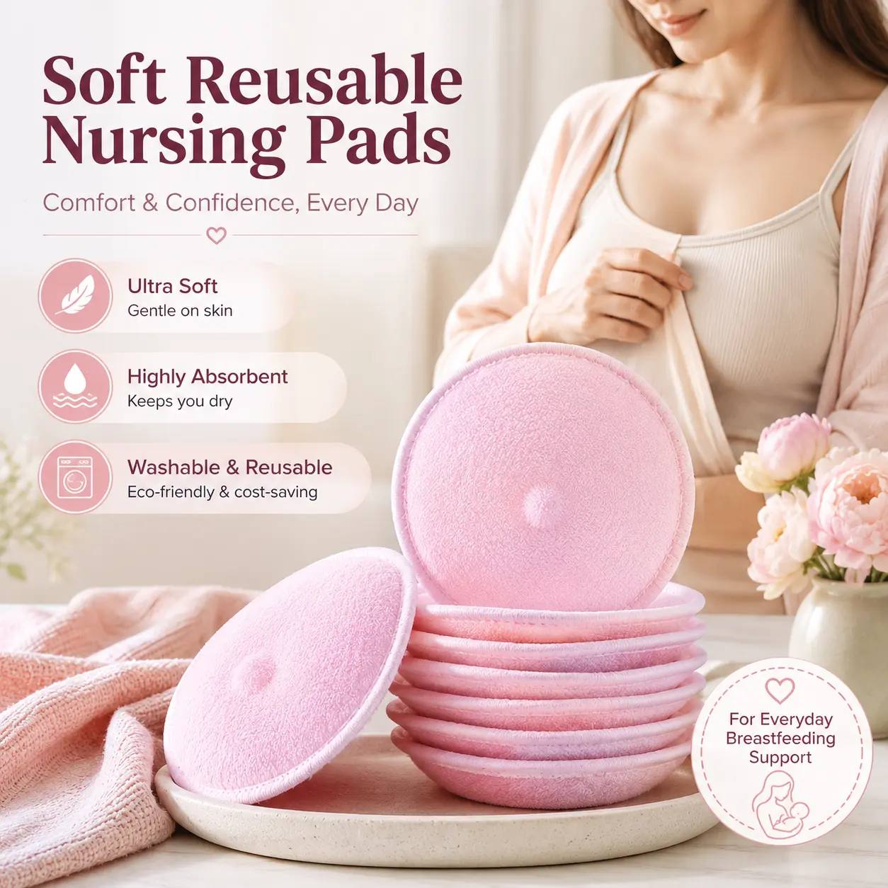 Nursing Pads Set of 4/Reusable Leak-Proof Breast Pads/Quick-Dry Absorption/Full Coverage Design for Privacy And Comfort/Available in Pink And Blue/Perfect for New Mothers/Breastfeeding Essentials/Breastfeeding Necessities/Comfortabl