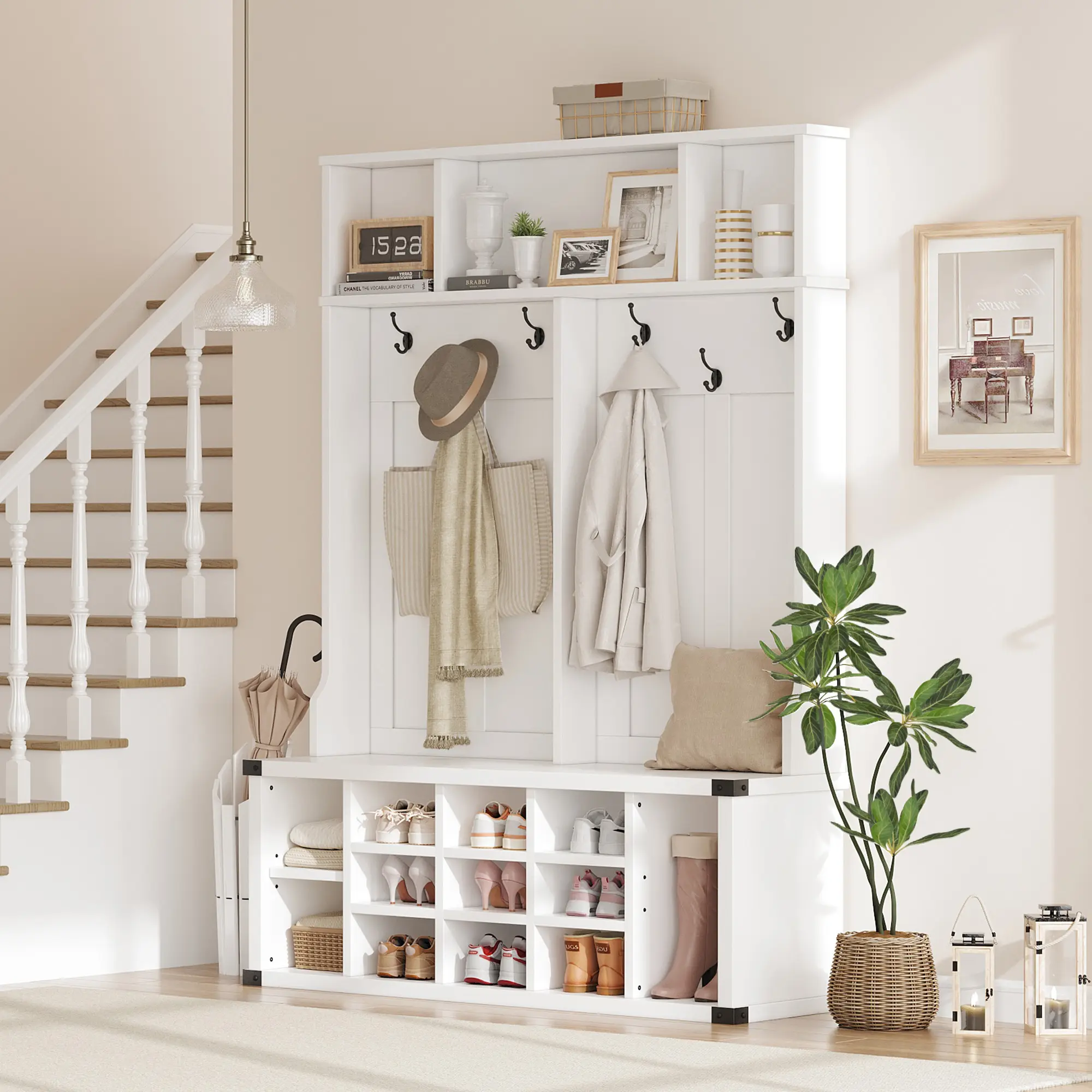 51 Inch Large Wood Hall Tree with Bench and 13 Shoe Cubbies 5 in 1 Farmhouse Entryway Coat Rack with 6 Tri Hooks for Mudroom Organization