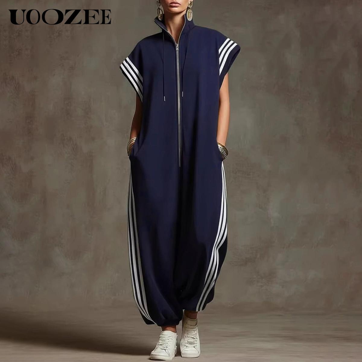 UOOZEE Women's New Summer Casual Side Stripe 100% Polyester Plus Size Contrast Color Pockets Jumpsuits, Loose Short Sleeves Zipper Stand Collar Ninth Pants One-Piece, Loungewear Streetwear Athletic Jumpsuit for Spring Summer Fall Womenswear