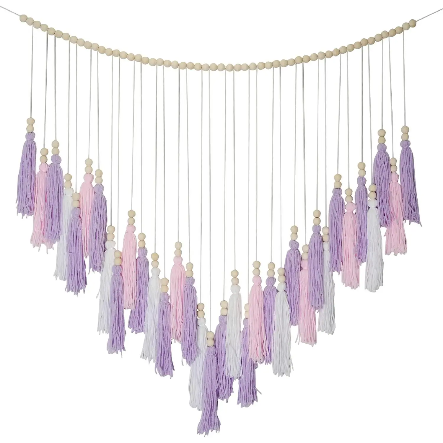 Pink-Purple Cotton Macrame Hanging Wall Tapestry - Boho Indoor Décor with Large Tassel, Wooden Beads, 41" W x 32" H - Christmas Gift for Bedroom, Girls Room, Garland
