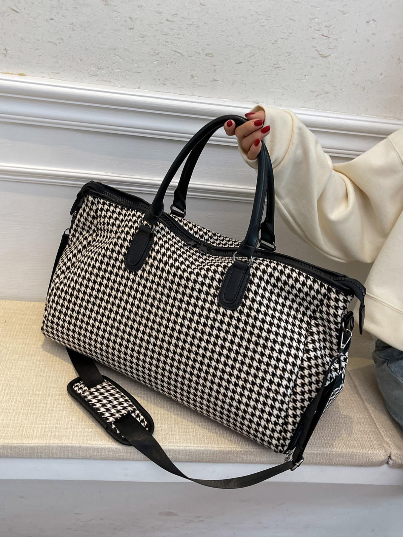 Houndstooth Pattern Travel Bag for Women & Men, Lightweight Large Capacity Zipper Bag, Casual Trendy Versatile High-quality Daily Commuting Bag, Travel Duffle Bag, Travel Duffel Bag, Canvas Travel Bags