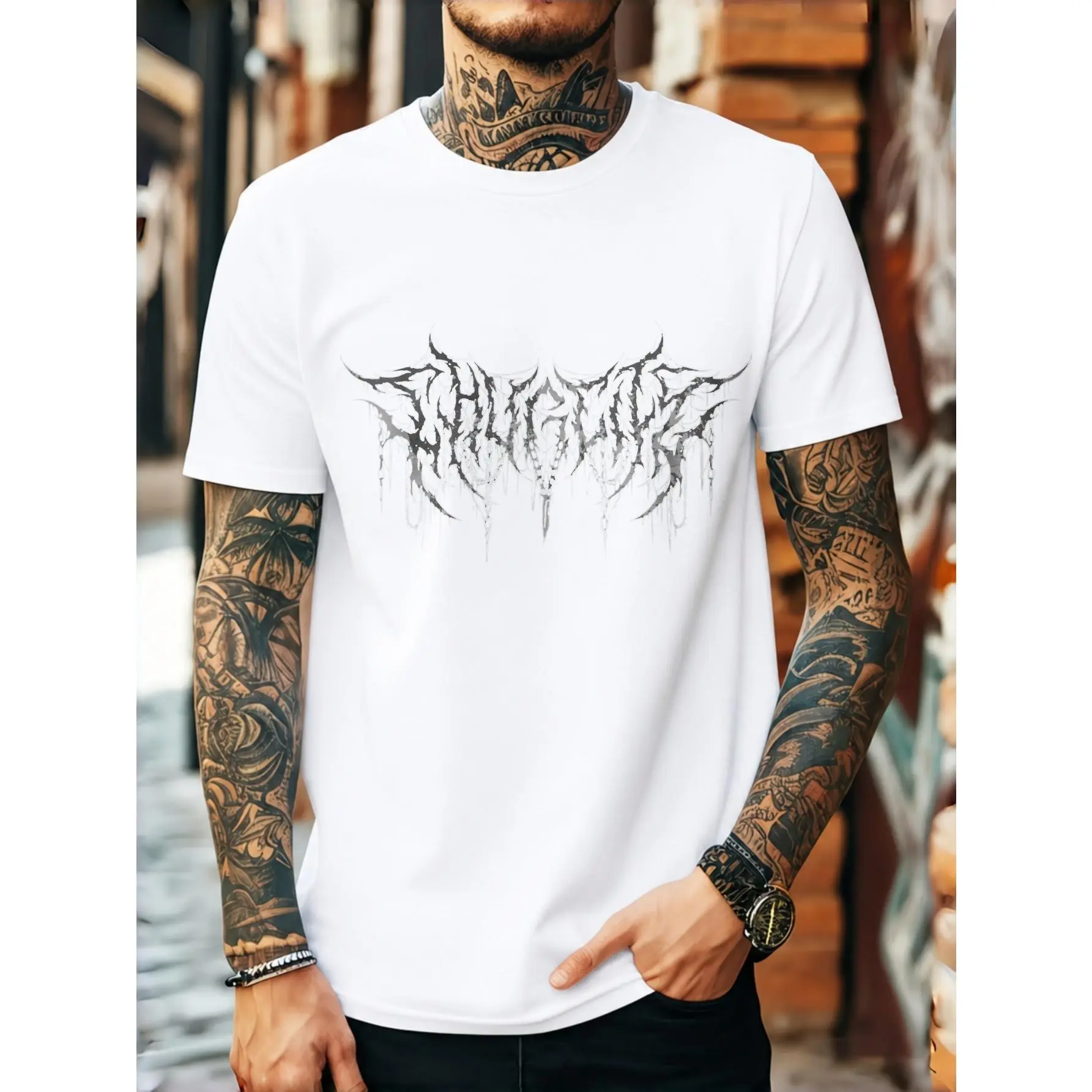 Black Heavy Metal Style, Men's T-Shirt, White Death Metal Logo Graphic, Streetwear Summer Casual Wear, Gift For Tattooed Boyfriend Or Metalhead Friend