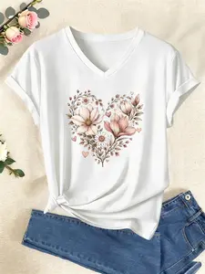 Women's Short Sleeve T-Shirt, Heart Shape Floral Print, V Neck, Casual Fashion for Spring Summer, Daily Wear
