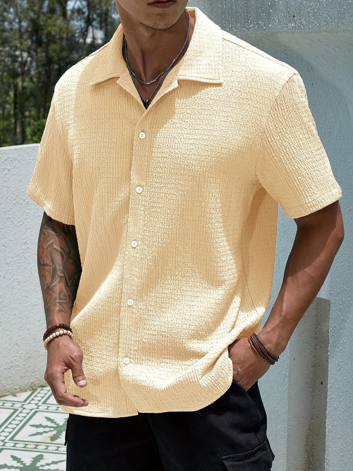 Men's Textured Button Front Shirt, Casual Regular Fit Short Sleeve Collared Top for Summer, Summer Leisure Top 2026, National Day Clothing, Men's Clothes for Daily Wear