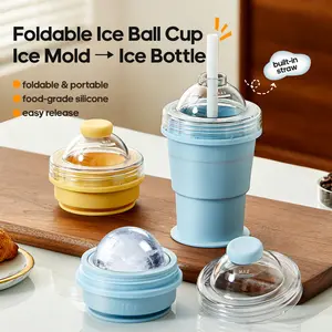 2-in-1 Portable Foldable Silicone Ice Ball Cup & Mold, Collapsible Water Cup for DIY Whiskey, Large Oversized Spherical Bar Kitchen Ice Mould tray