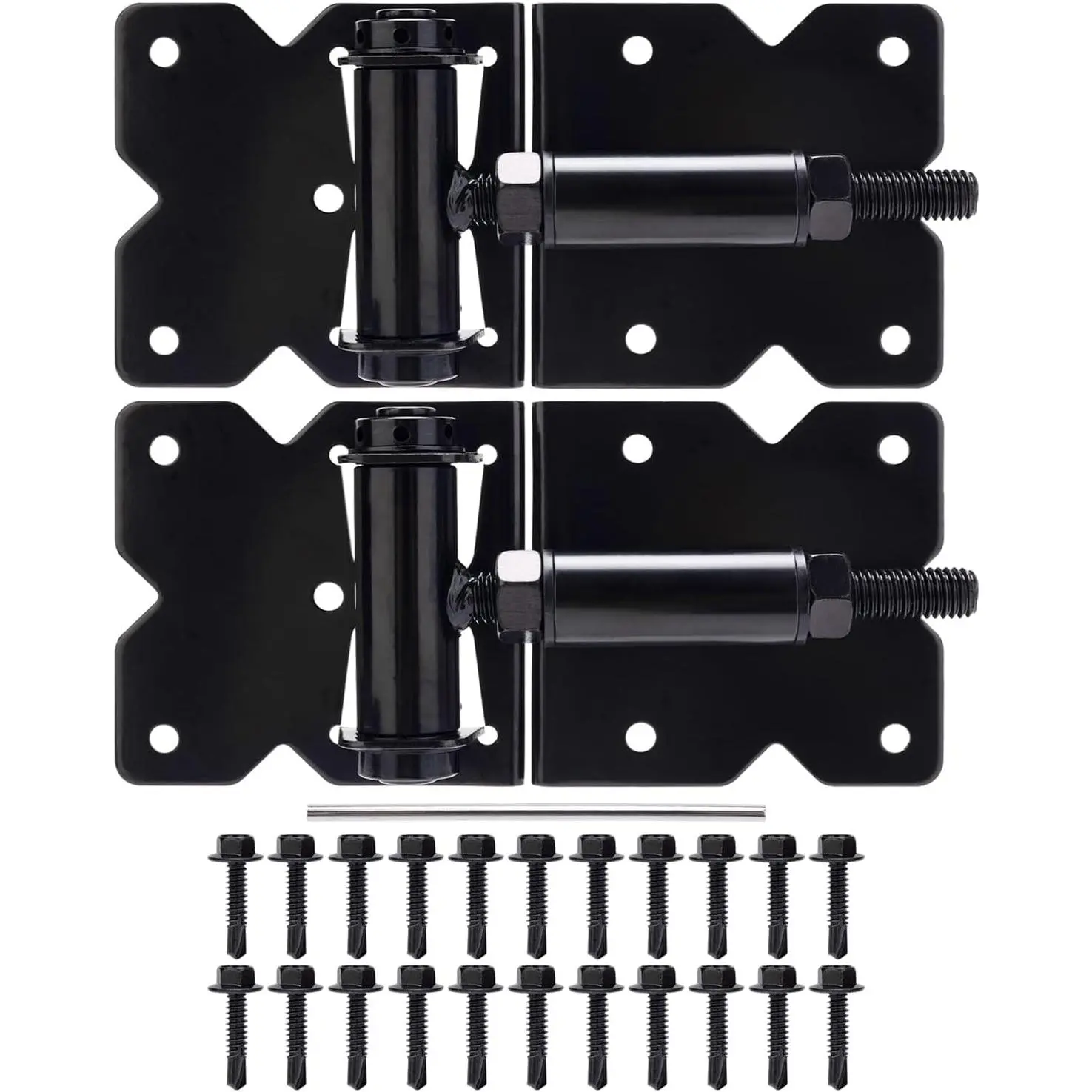 Self Closing Gate Hinges Heavy Duty for Vinyl/Wooden Fence Gates, 90  Adjustable Gate Door Hinges Hardware Kit with Swing Adjuster Tool and Self-Tapping Screws, 2 Pack, Black Finish