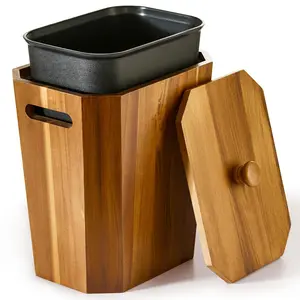 2.6 Gallons Acacia Wooden Bathroom Trash Can with Lid & PP Liner – Small Wastebasket with Handle, Decorative Wood Bin for Bedroom, Office or Under Counter Use