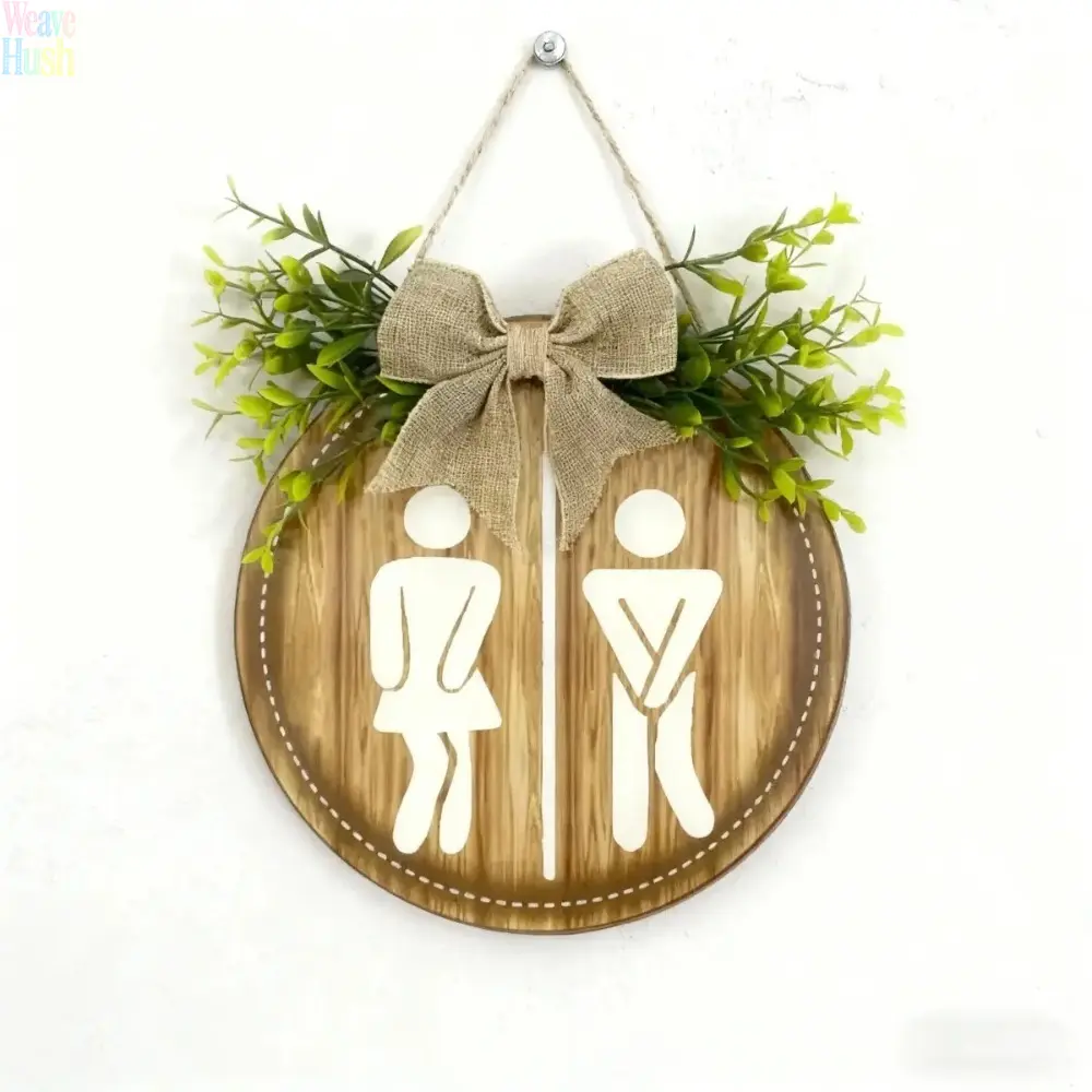 Rustic Bag Charm with Leaf Design, Round Hanging Toilet Sign Plaque for Luggage or Bathroom Decor, Decorative, Hanging Mount
