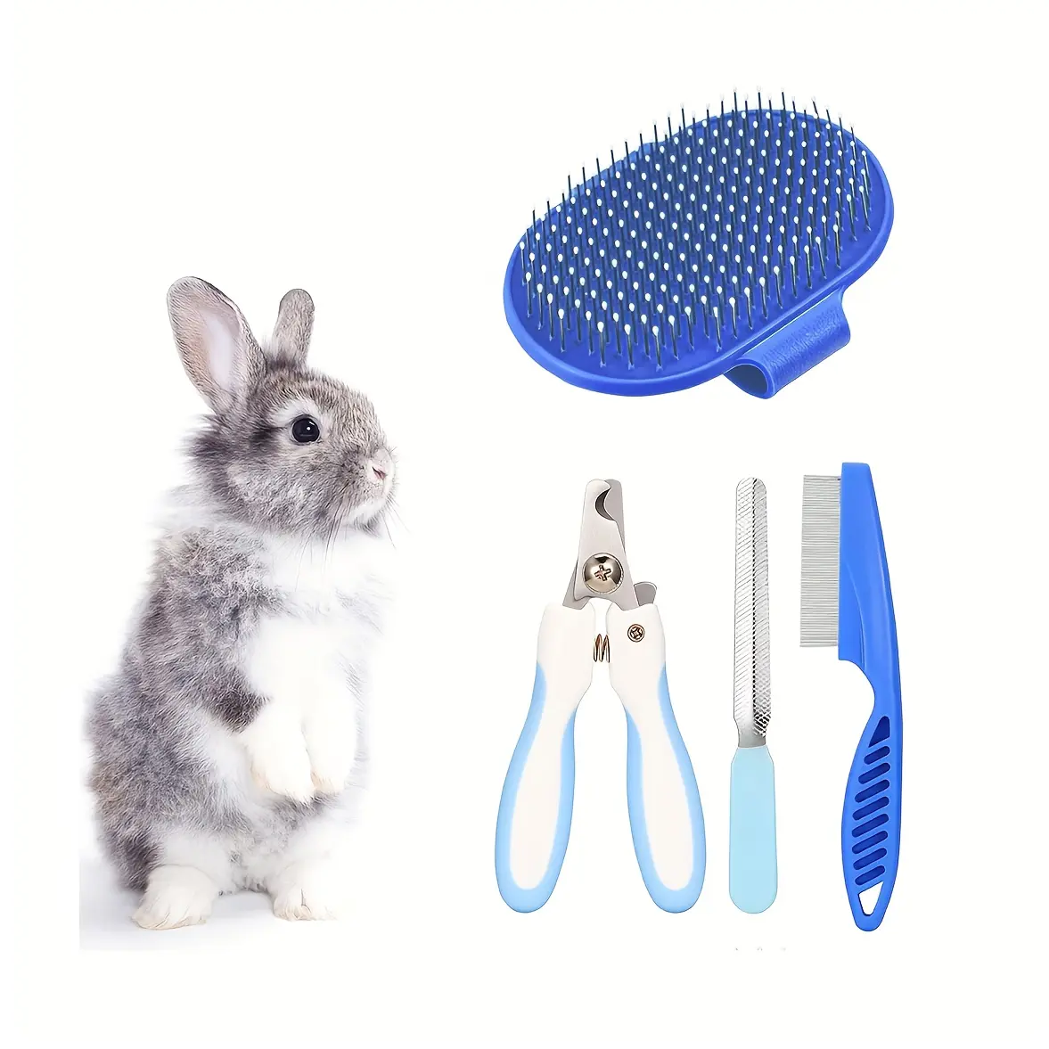 4pcs Cat & Rabbit Grooming Kit - Rubber-Steel Bunny Grooming Brush, Comb, Nail Clipper & File, Pet Bath Brush