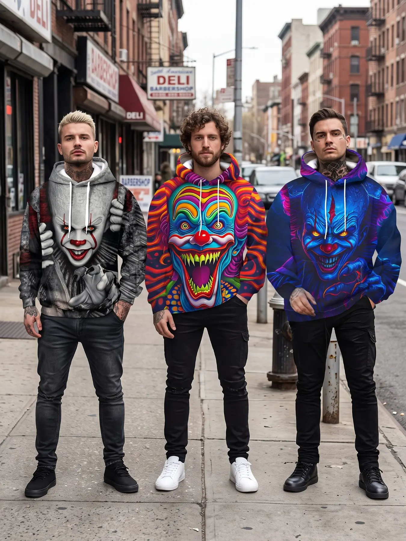 3-Pack Men's Streetwear Hooded Sweatshirt, 3D Horror Clown Print, Unisex Loose Fit, Quick-Dry Polyester, All Seasons Casual Wear