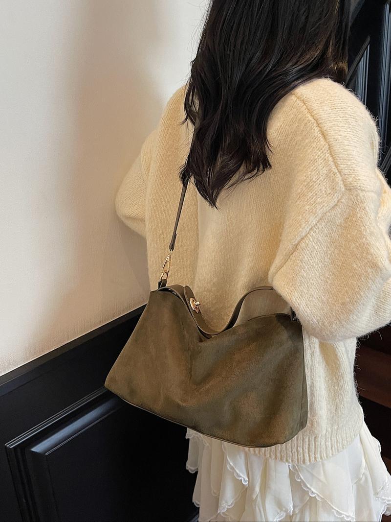 American Minimalist Vintage Suede Top-Handle Bag, Zipper Closure, Versatile Daily Handbag for Work & Casual