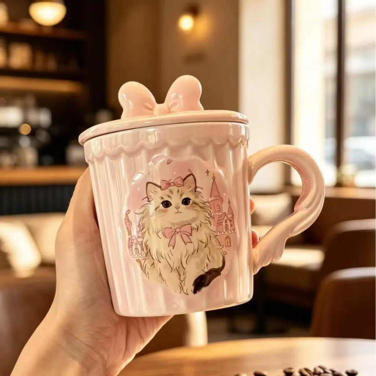 High-End Ceramic Mug with Lid, Bow Cat Relief Water Cup, Cute Girl Heart Coffee Cup, Gift Boxed Present