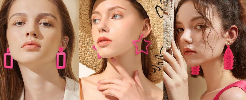 FUNRUN 4Pairs Hot Pink Earrings for Women Statement Earrings Geometric Heart Drop Hoop Earrings Boho Long Tassel Dangle Earrings
