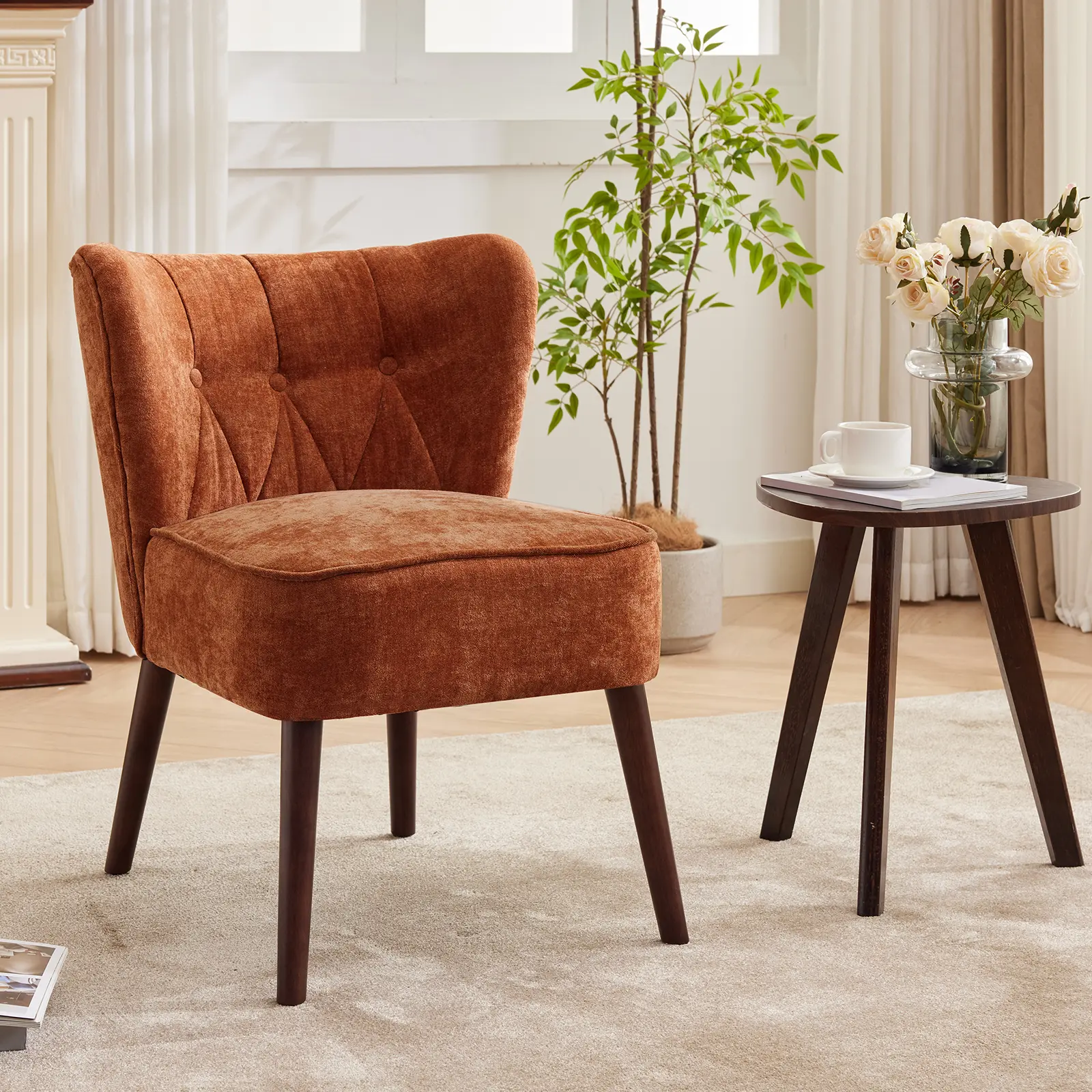 Modern Wingback Accent Chair – Upholstered Fabric Armchair, Button-Tufted Back, Wooden Legs, Mid-Century Style, Comfortable Single Lounge Chair for Living Room, Bedroom, Office, or Vanity