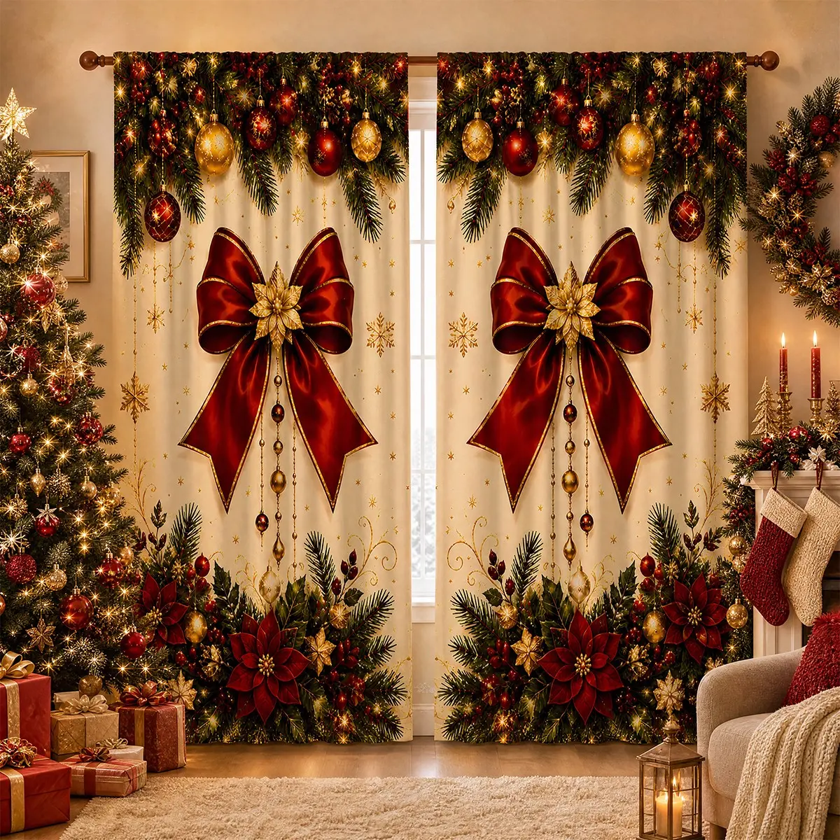 2pcs Semi-blackout Christmas curtains featuring a red and gold bow design, printed with pine branches, ornaments, poinsettias, snowflakes, and beaded garlands; rod-pocket style; suitable for living rooms, bedrooms, and more. Ready Made Curtains