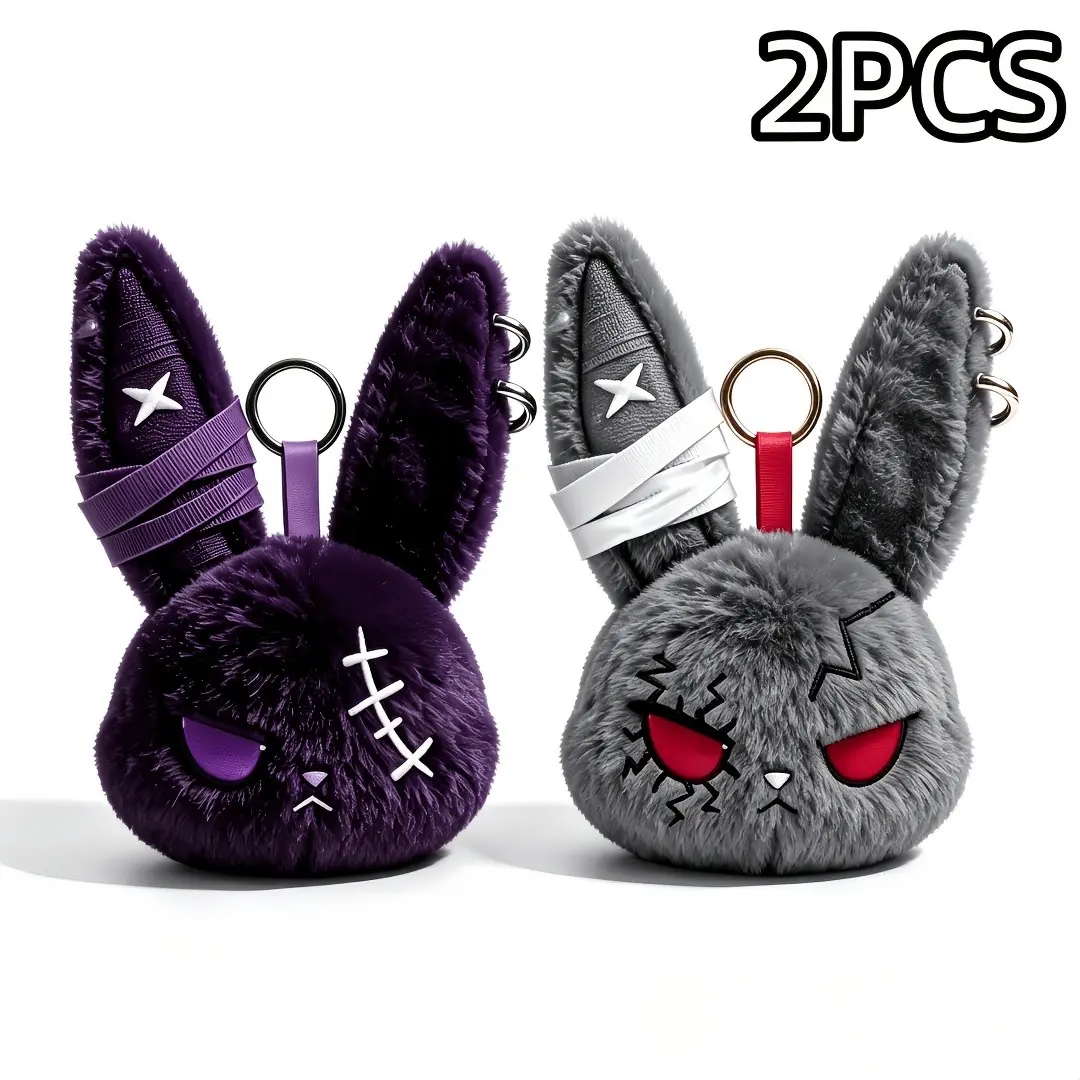 2Pcs Gothic Bandage Stitched Bunny Plush Keychain, Dark Style Rabbit Head Bag Pendant, Keychain for Bags, Unique Ladies Plush Key Accessories，GothicAccessories，RabbitKeychain，back-to-school gift，HalloweenGift