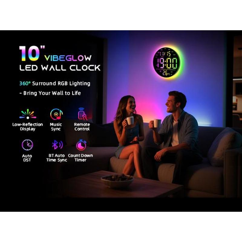 EASYERA 10" Large Circle Digital Wall Clock with Remote Control, Music-Sync, Round clock with RGB Atmosphere Lights with 11 Scenes Mode, Dual Alarms, Timer Clock for ADHD, Focus Tool, Classroom, Game Decor Goods Auto Dst Adjustment.
