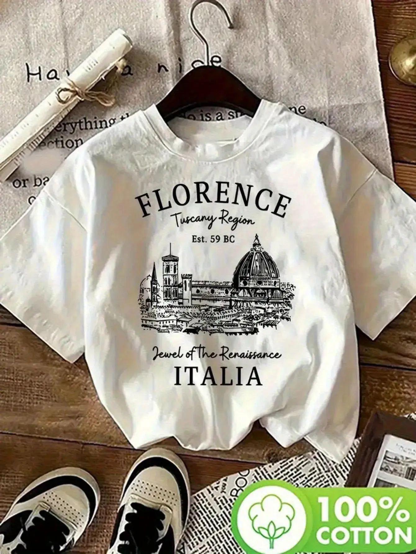 Unisex Graphic Tee Italy Florence Rome Travel Print Vintage European Aesthetic Casual Design Oversized T Shirt Streetwear Style Crewneck Short Sleeve 100% Cotton 180GSM Soft Breathable Loose Fit Daily Wear Vacation Party Outfit Trendy Fashion Gift Top
