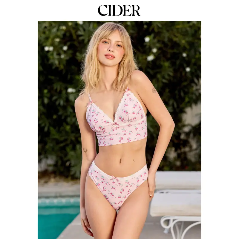 Cider Sweet Floral Lace Trim V-neck Bowknot Cheeky Bikini Set