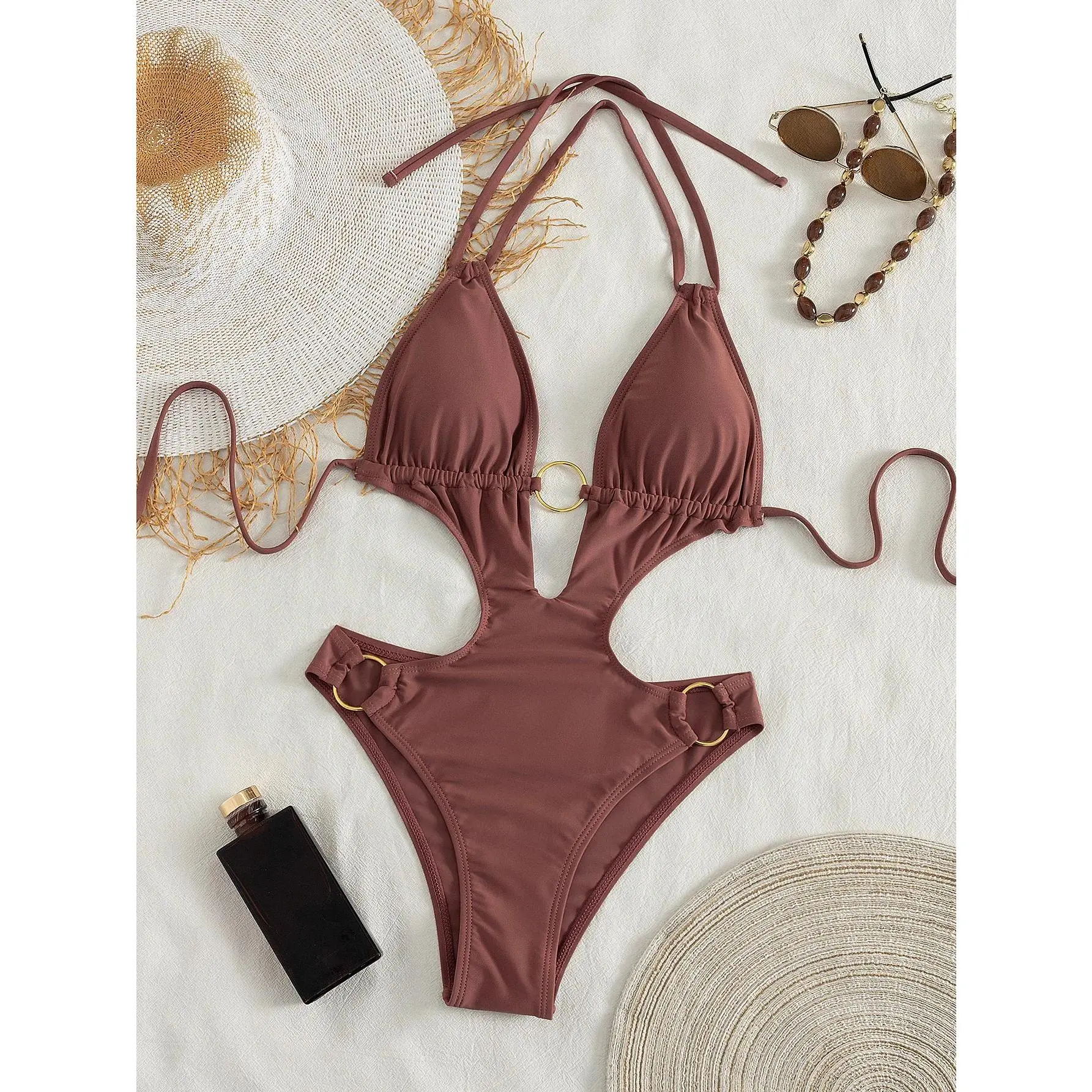 Women's Chocolate Brown Halter One-Piece Swimsuit Cutout Design Metal Ring Decor High Cut Bathing Suit for Beach VacationBeach photography