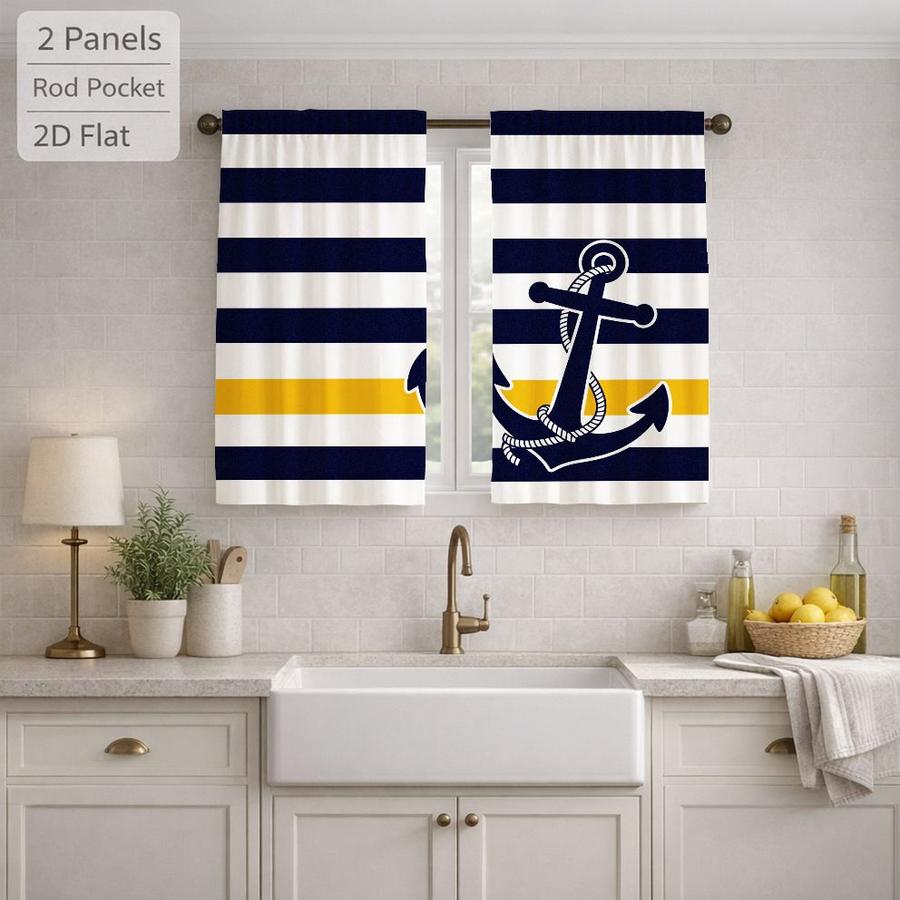 2Pcs Nautical Style Anchor Horizontal Stripes Sun Blocking Curtains Digital Printed Rod Pocket, Window Treatment For Bedroom Office Kitchen Living Room Study Home Decor