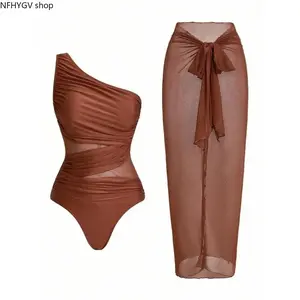 Ladies Chic Ruched Mesh One-Piece Swimsuit Featuring A Coordinating Sarong Skirt, Elegant Slimming Design Made With Skin-Friendly Comfort Fabric, Versatile Attire Perfect For Long Summer Beach Trips, Pool Gatherings