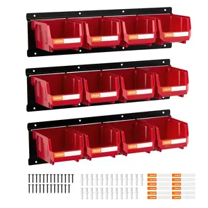 VEVOR Wall Mounted Storage Bins, 12 Plastic Bins 3 Metal Rails, Plastic Hanging Stackable Storage Bin for Screws, Nuts, Bolts, Nails, Hardware Tool Organizer for Workshop, Craft Room, Garage, Red