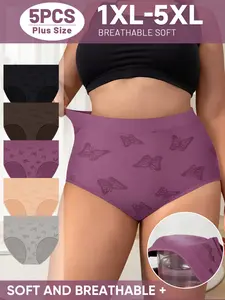 5pcs Plus Size Briefs, Aesthetic Letter Print, No-Show High Rise Design, Fitted Underwear for Curvy Girls, All Seasons Comfort