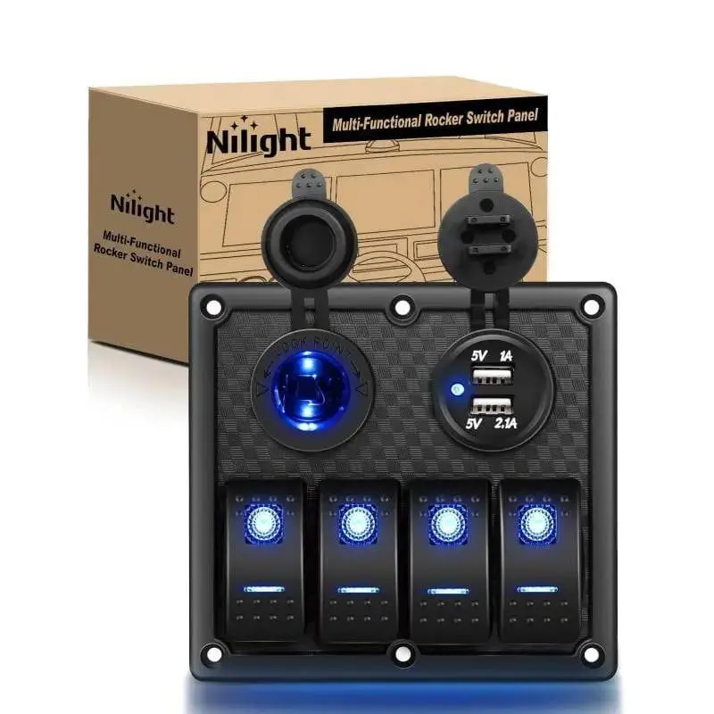 Nilight 4-Gang Blue ON/OFF Rocker Switch Panel with Multi-Port Charger, Power Protection, USB-A Sockets, Fuse for Trucks, Jeeps, Trailers, Campers, Boats