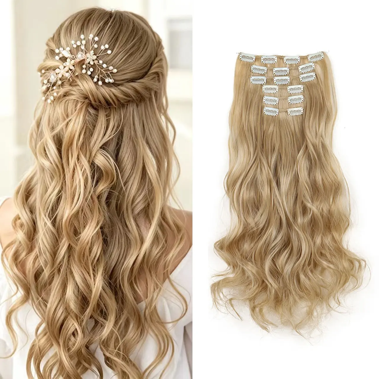 Curly Wig Extension Set, 16 Clips Long Wavy Hair Pieces, Realistic Fiber Clip-In Extensions, European & American Style, 6-Piece Kit, Extension Hairpiece