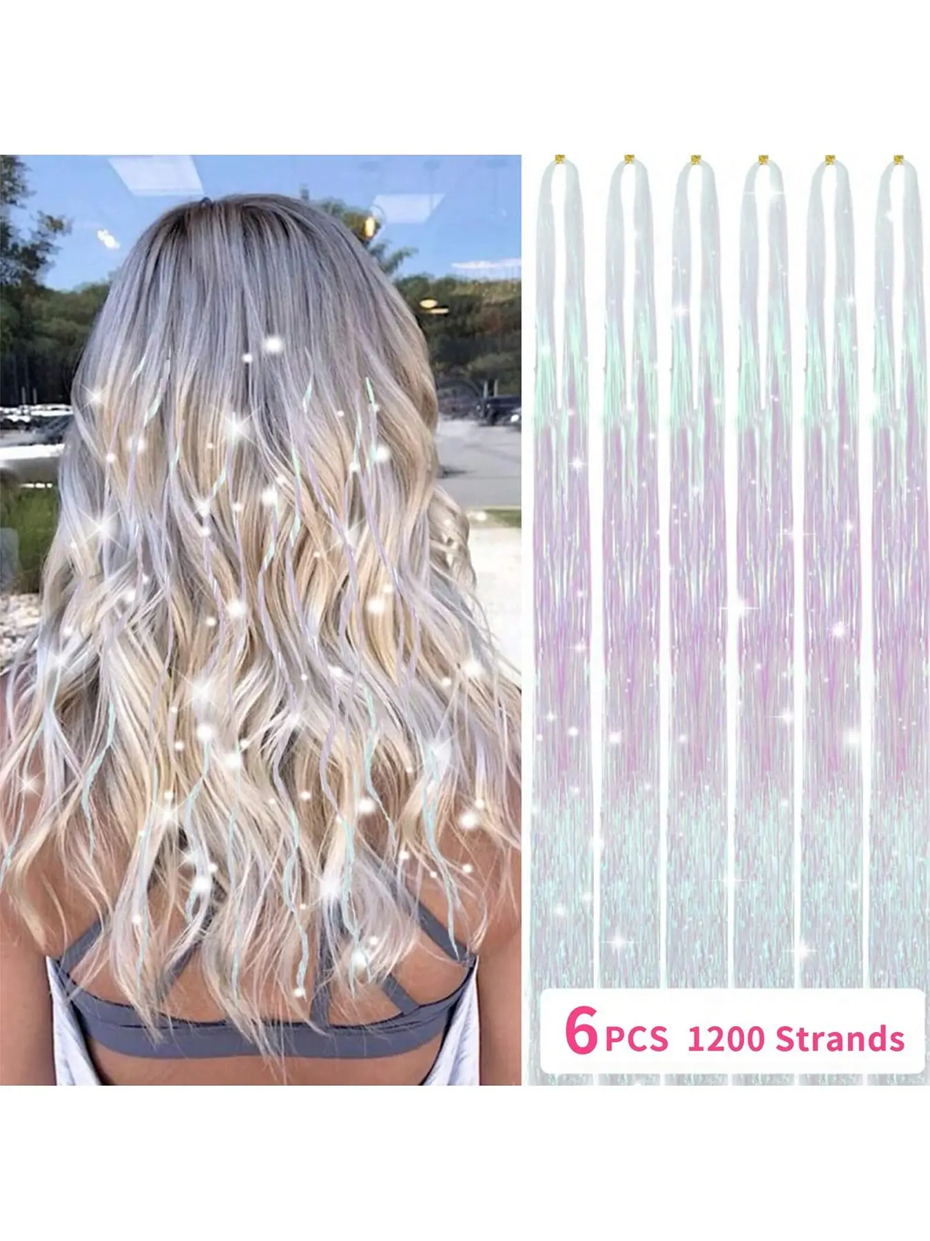 Heat-resistant, glittery synthetic hair extensions featuring a metallic, shimmering finish; available in colors such as milky white, green, silver, and gold. Suitable for women and girls for Christmas, cosplay, and party styling; 6-piece set.