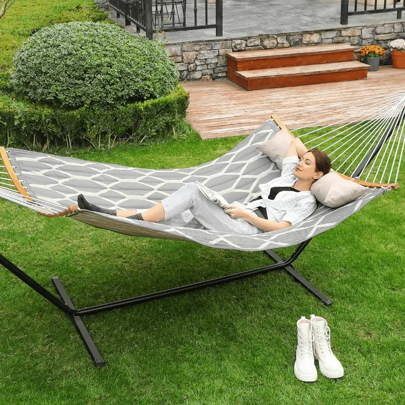 Hammock, Quilted Hammock with Curved Bamboo Spreaders, Pillow, 78.7 x 55.1 Inches, Portable Padded Hammock Holds up to 495 lb