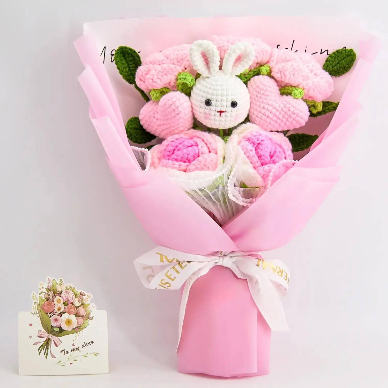 Crochet , Crochet Flower Bouquet with Cute Bunny and Crochet  of Rose for Easter ,  Knit Bouquet  for Women,