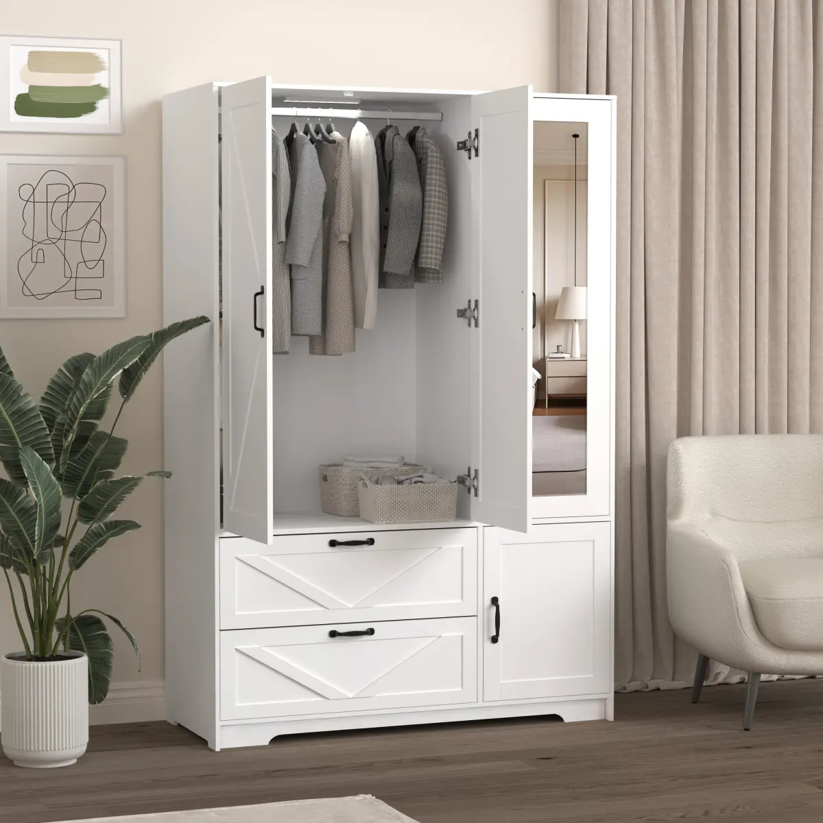 4-Door Bedroom Wooden Wardrobe Closet Organizer with Mirror, LED Lights, 2 Drawers, Hanging Rod, Adjustable Shelves, Garment Cabinet for Hanging Storage