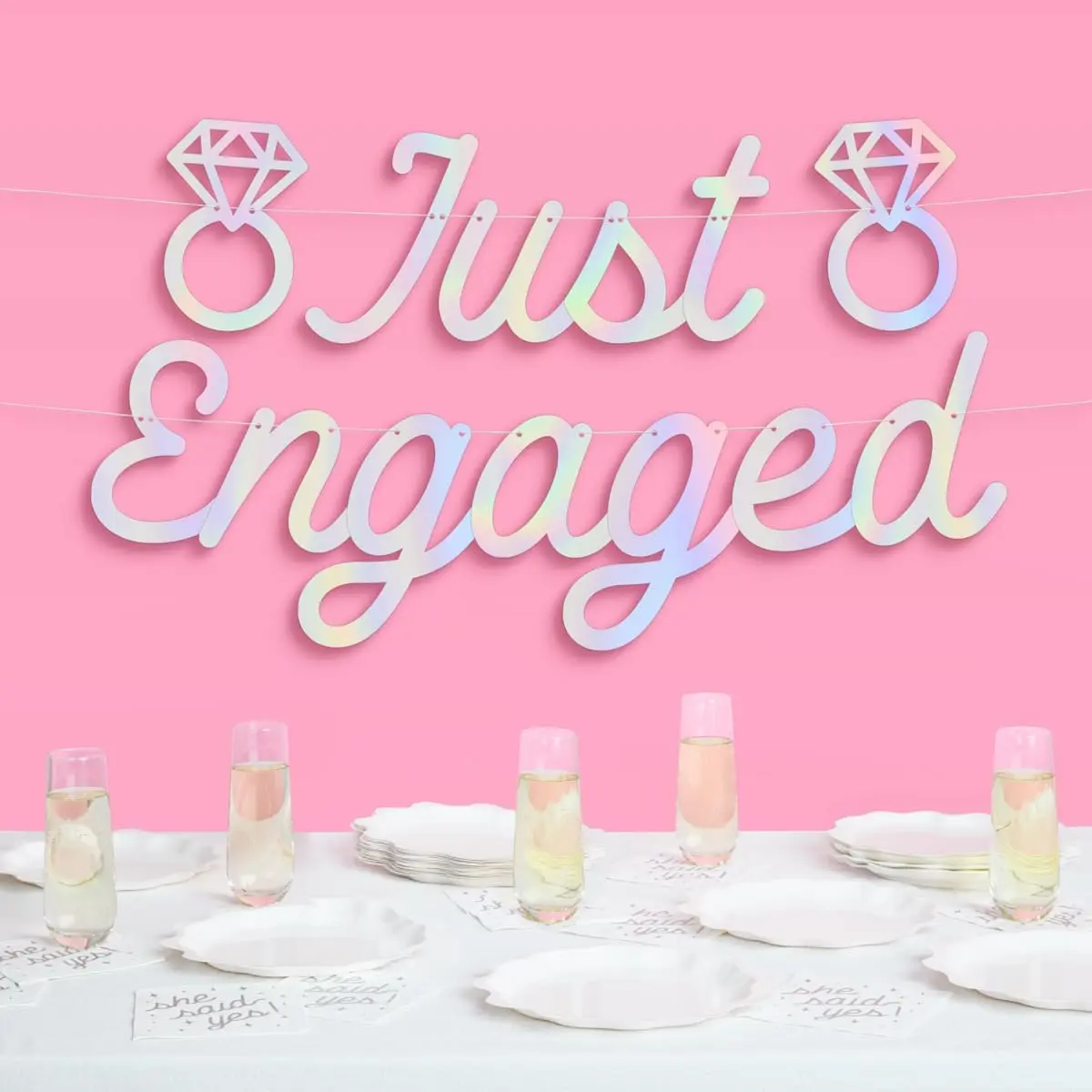 Just Engaged Iridescent Foil Banner - 5 Ft. | Engagement Party Decoration,  Ring Proposal Decor, Bachelorette Backdrop, Bride To Be Photobooth, Bridal Shower Supplies