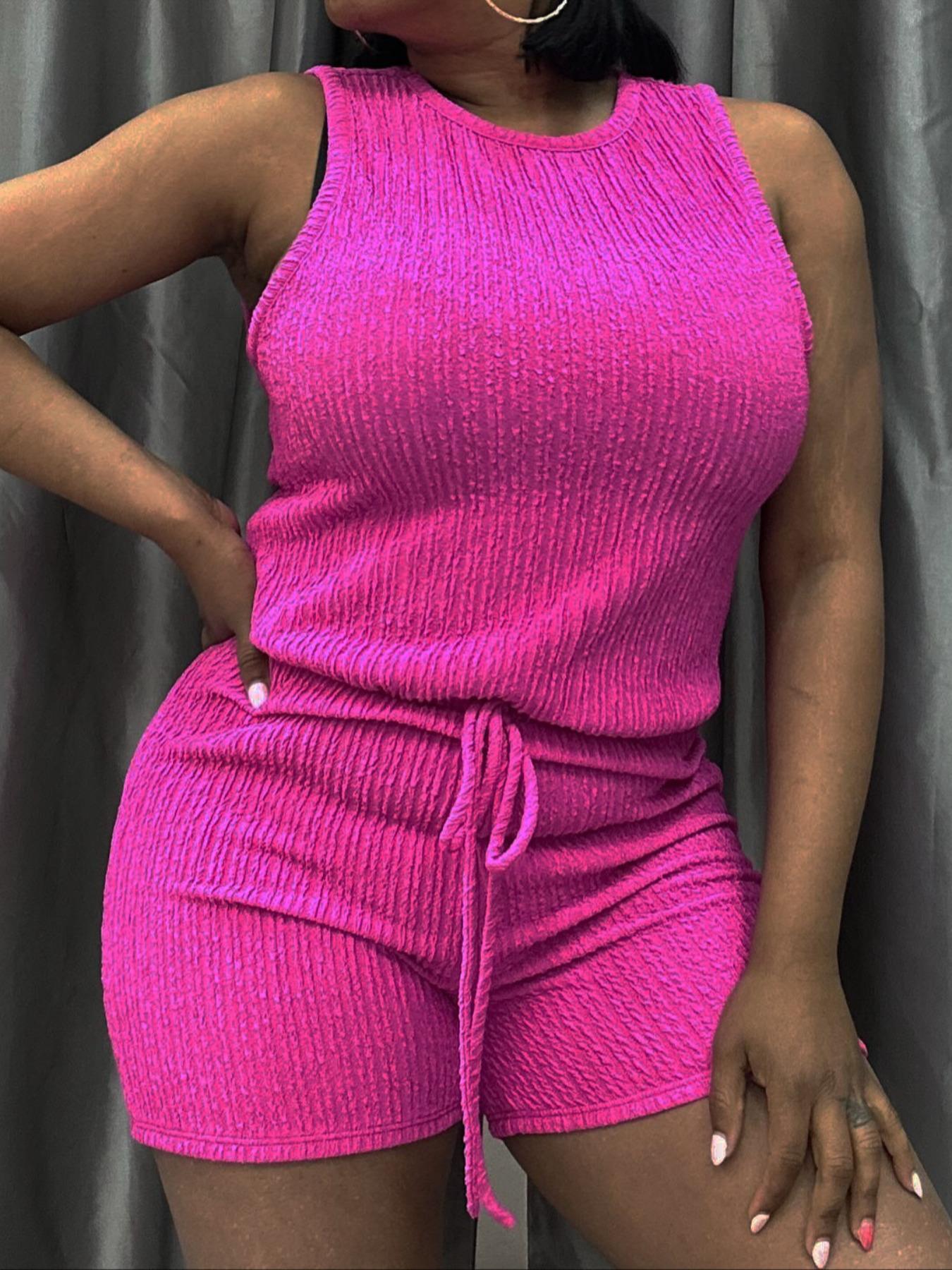 Women's Simple Fashion Solid Color Sporty Casual Tank Top and Shorts Set, Fitted Plain Style Crop Length Non-Outer Vest