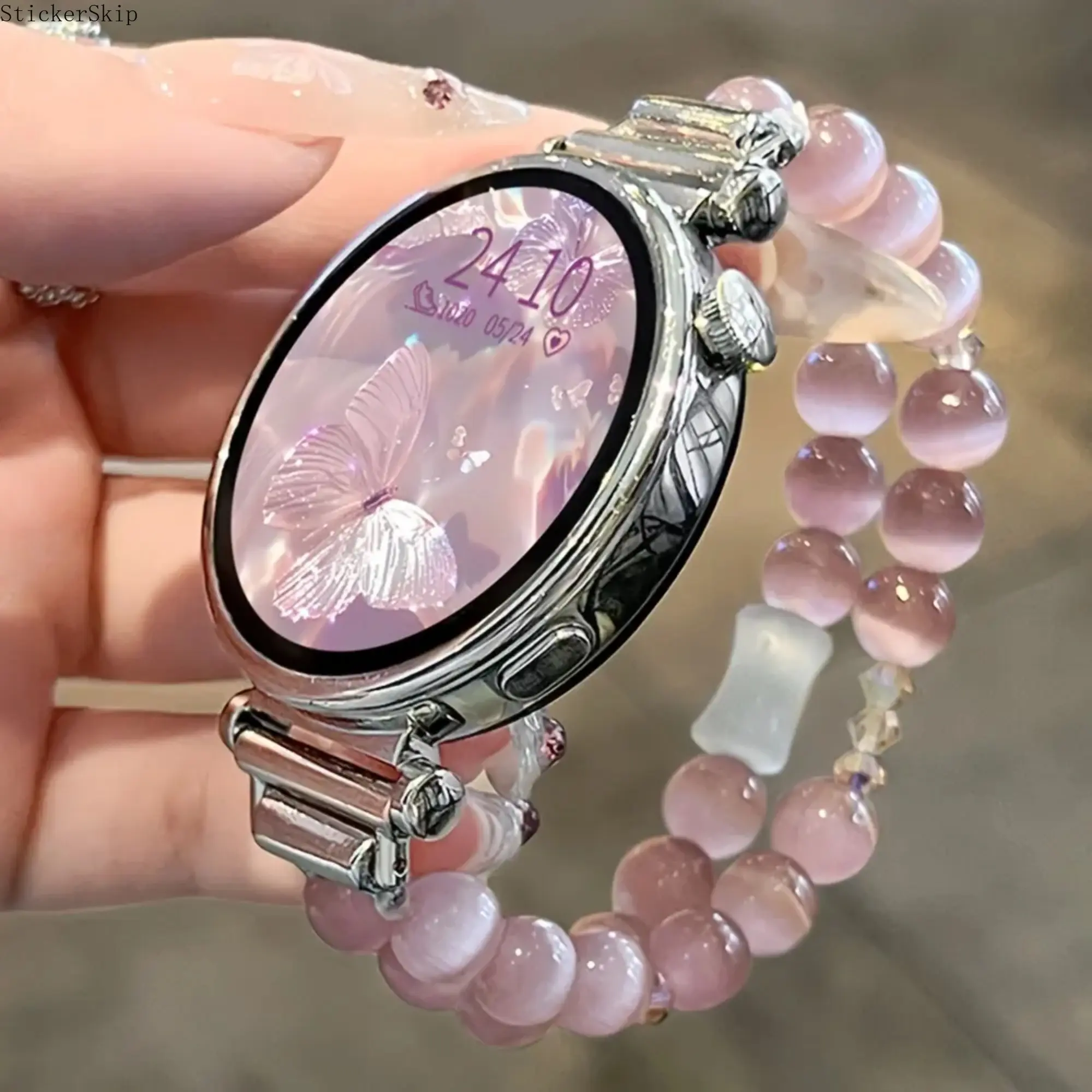 Women’s Cat’s Eye Stone Butterfly Beaded Smartwatch Band, Pink Purple Resin Expandable Strap Compatible with Samsung Galaxy Watch 6/Classic/Pro, Fits 40mm & 44mm, Trendy Jewelry Accessory for Daily Wear & Gifting (Band Only, No Watch)