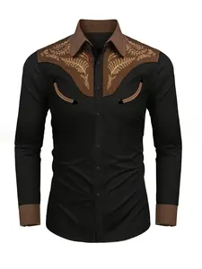 Men's Fashion Embroidered Shirt, Western Style Floral Patchwork, Loose Long Sleeve Top, Casual Daily Wear, Trendy Men's Clothing