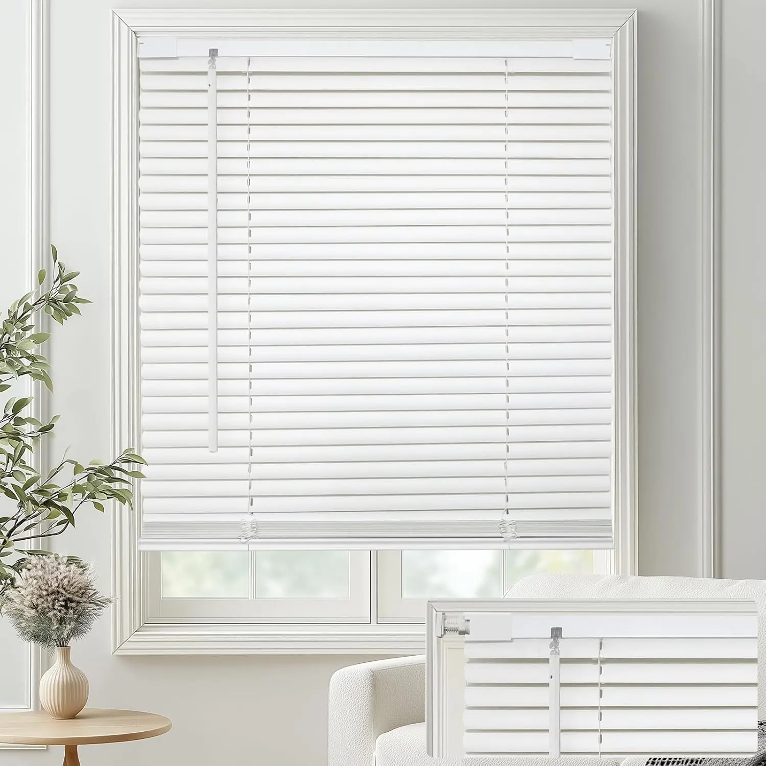 Cordless No-Drill Mini Blinds - 46W x 48H Modern White Vinyl Horizontal Window Shade, Child-Safe, for Light Filtering & Privacy in Kitchen, Living Rooms, Bathroom