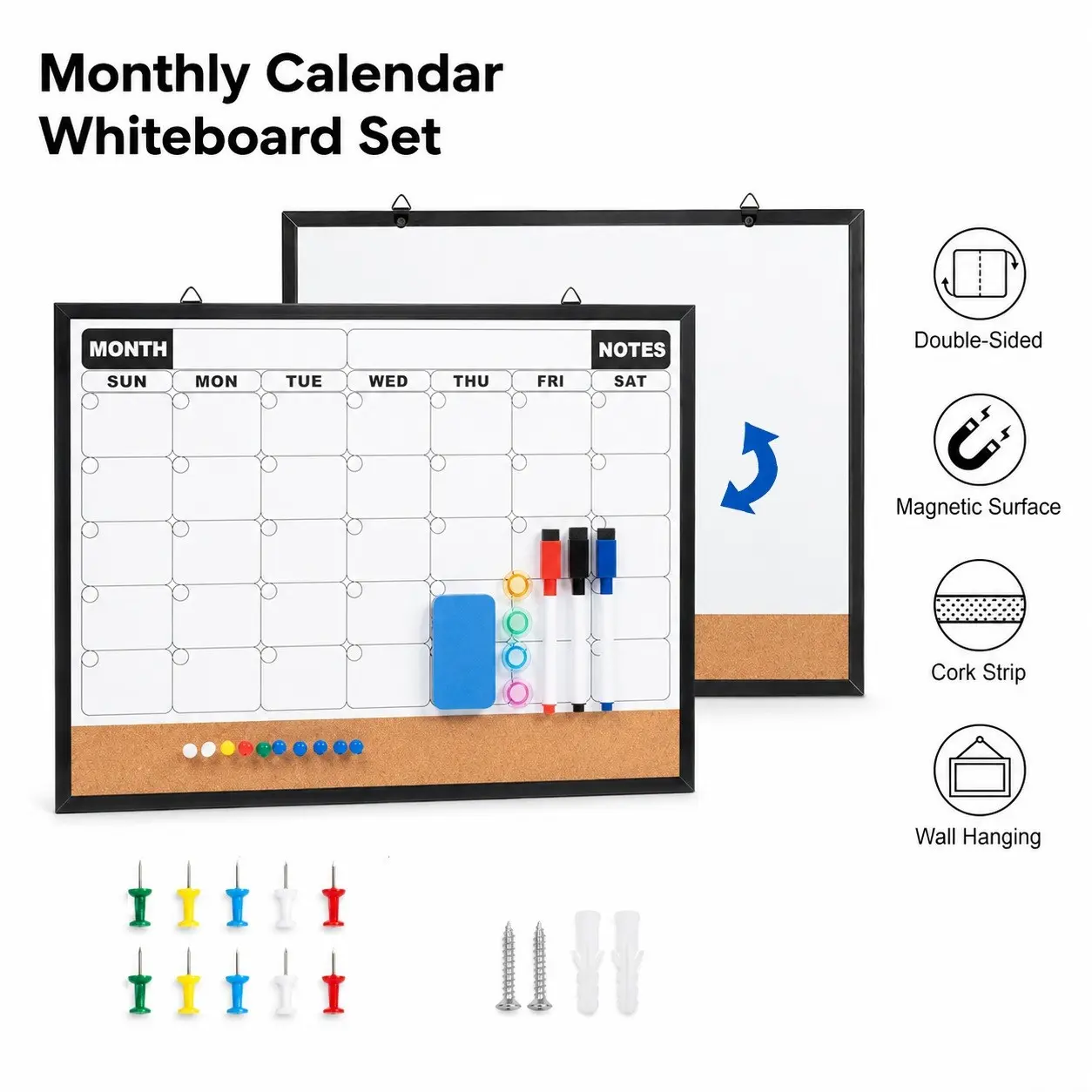 1pc 30x40cm Double Sided Calendar Display Whiteboard and Cork Board Combo, Magnetic Dry Erase Monthly Planner Wall Memo Board with Complete Accessories
