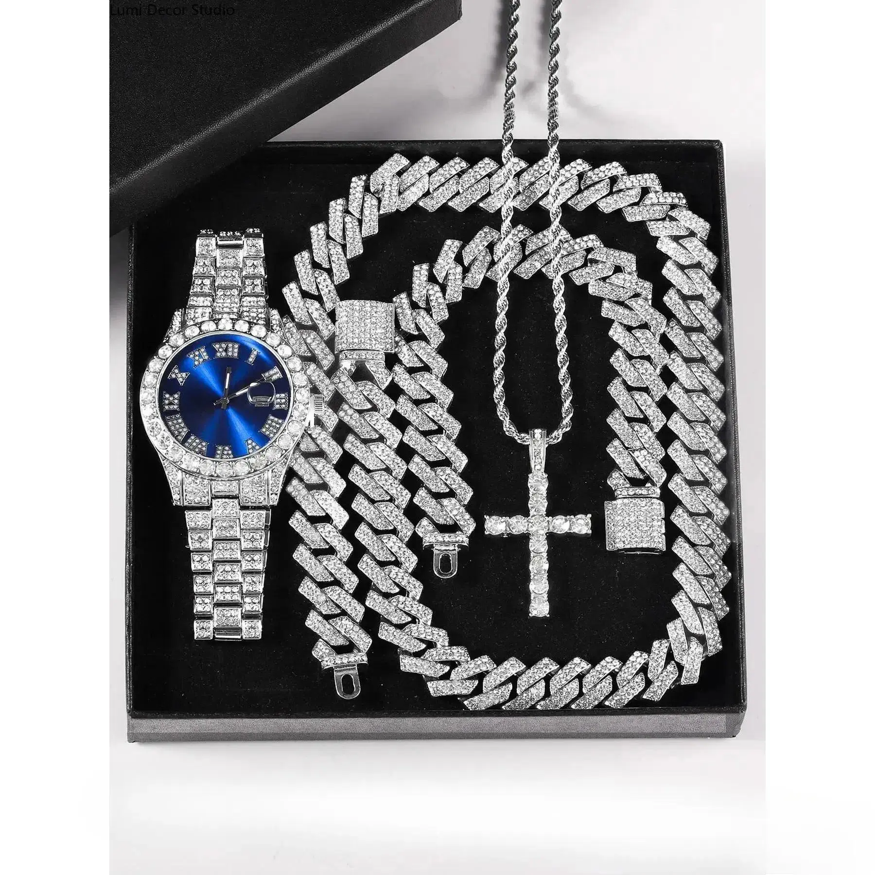 4-Piece Punk Watch & Jewelry Gift Box Set, Rhinestone Cross Pendant Necklace, Unisex Analog Quartz Wrist Watch With Adjustable Alloy Strap