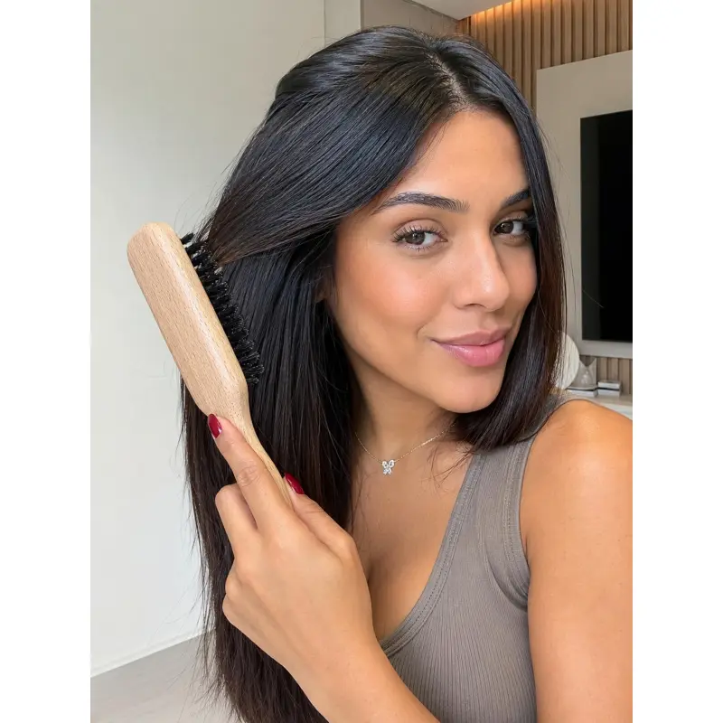 Natural Wooden Handle Boar Bristle Hair Brush with black bristles for polishing frizz, laying edges flat, creating buns and ponytails, smoothing baby hairs, refreshing bangs, Hairstyles, fragrance-free heatless styling tool for home Essential Brush