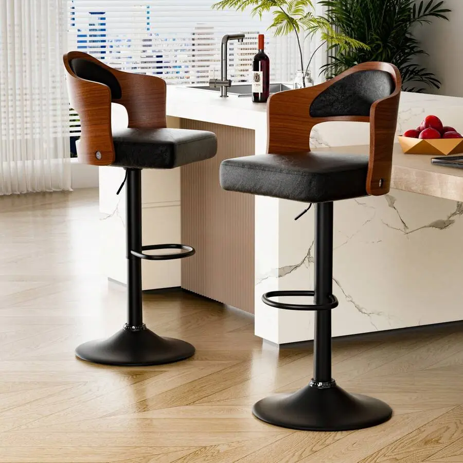 Wooden Barstools PU Leather Upholstered Bar Chairs Set Of 2 With Back & Footrest