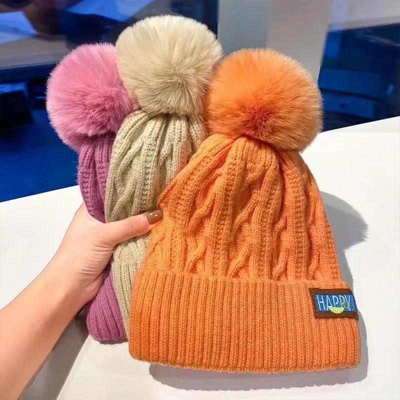 3pcs Autumn and Winter Women's Pompom Knitted Hat Women Solid Color Thicken Plush Beanie Cap Female Autumn Warm Crochet Hats