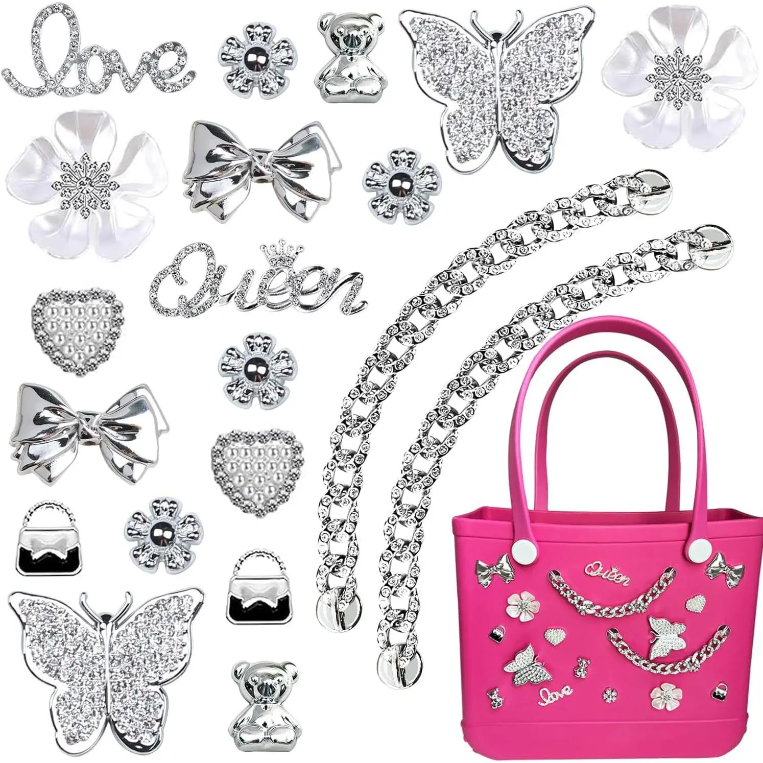 Bogg Bag Charms & Backpack Accessories - 20 Pcs Pearl, Butterfly, Floral Motif & Chain Decorations for Luggage & Bags, Floral Motifs, Mini Bag Accessories