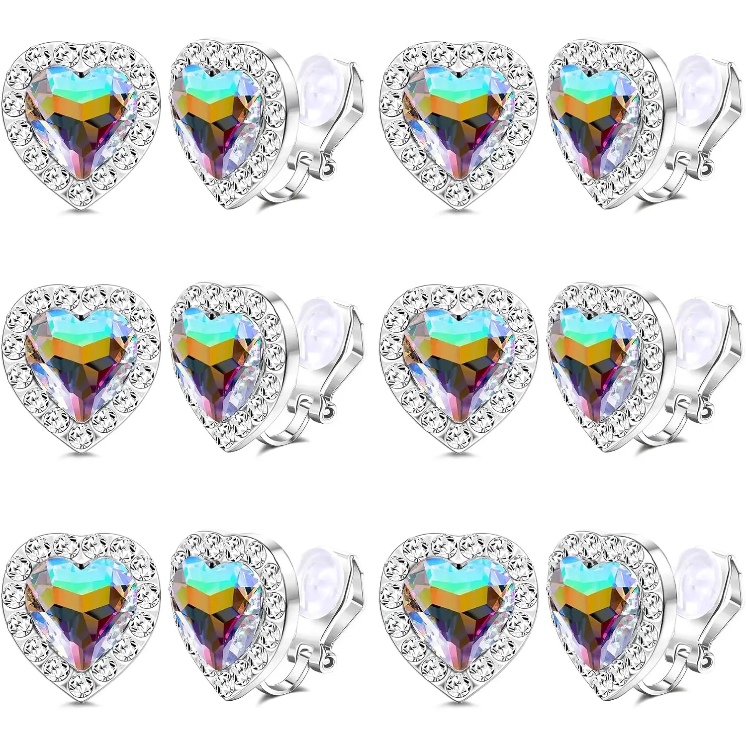 ORAZIO Rhinestone Clip On Earrings for women Heart Shaped Acrylic Stone Inside Crystal Clip Earrings for Dance Competitions Stage Opera Performance Party Earring Non Piercing 15mm