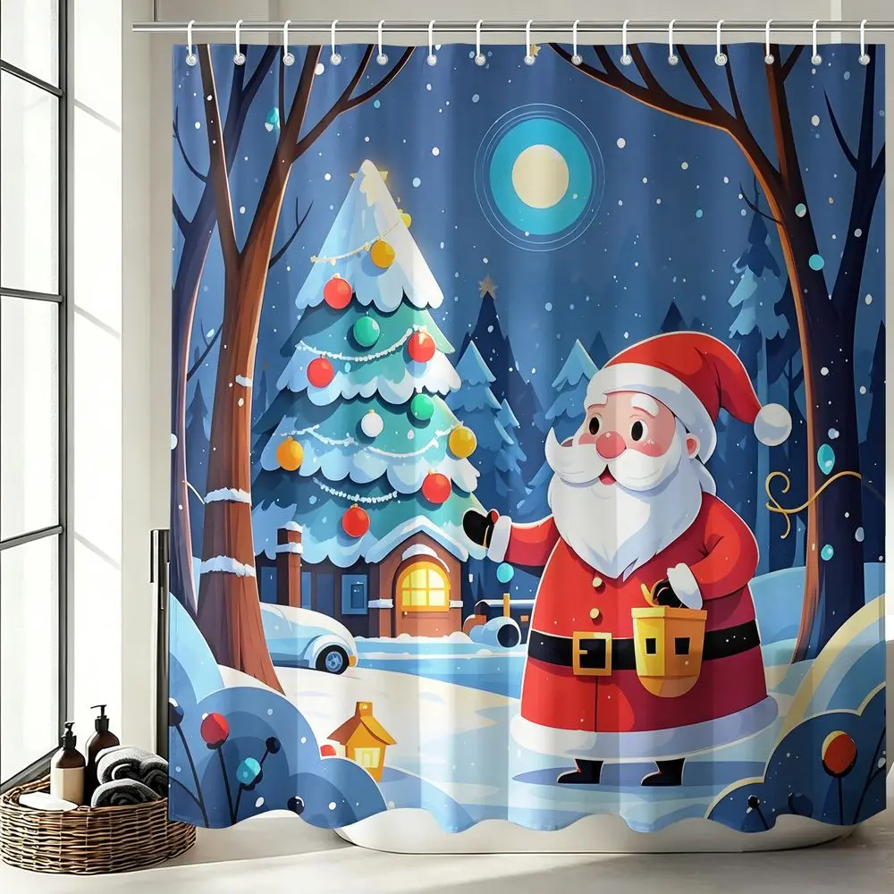 1Pcs Christmas Santa Claus Shower Curtain, Snowy Forest Holiday Bathroom Decor Set, Waterproof Cloth Fabric Bathtub Privacy Curtain for Winter Home Xmas Party Gift with 12 Hooks